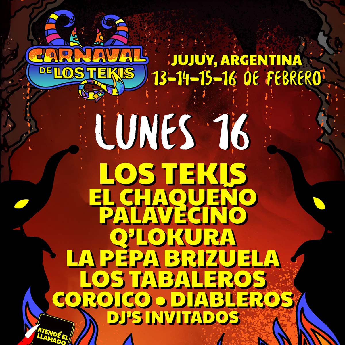 Grilla Artistas Festival Carnaval De Los Tekis lunes 16 de febrero de 2026