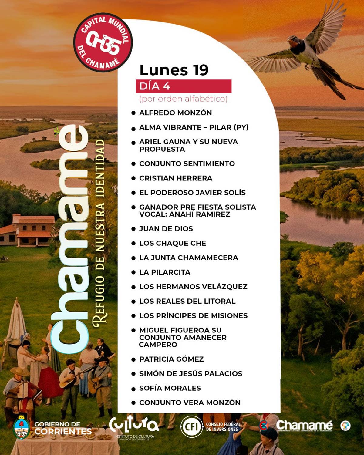 Grilla Artistas Fiesta del Chamamé de Corrientes lunes 19 de enero de 2026