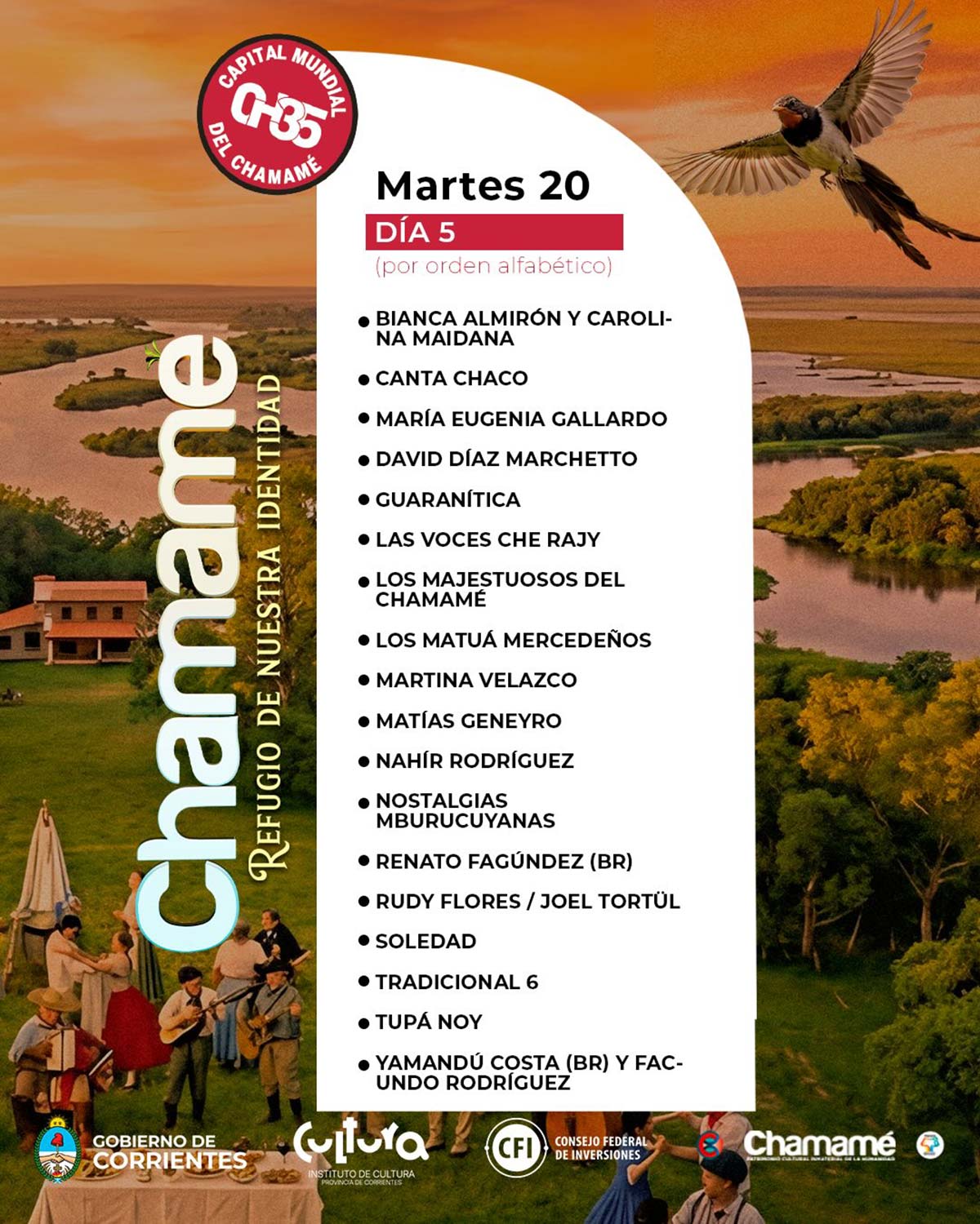 Grilla Artistas Fiesta del Chamamé de Corrientes martes 20 de enero de 2026