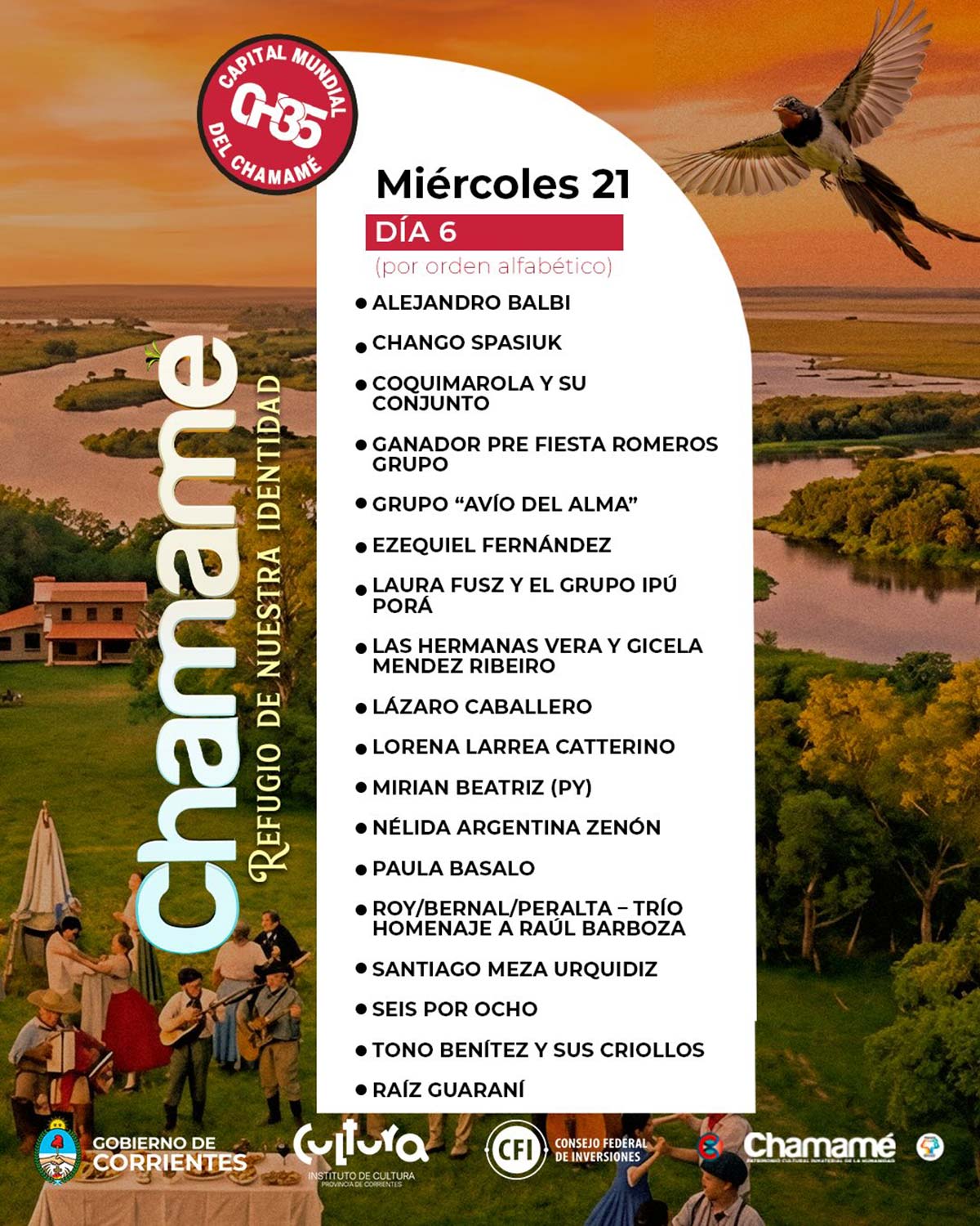 Grilla Artistas Fiesta del Chamamé de Corrientes miércoles 21 de enero de 2026