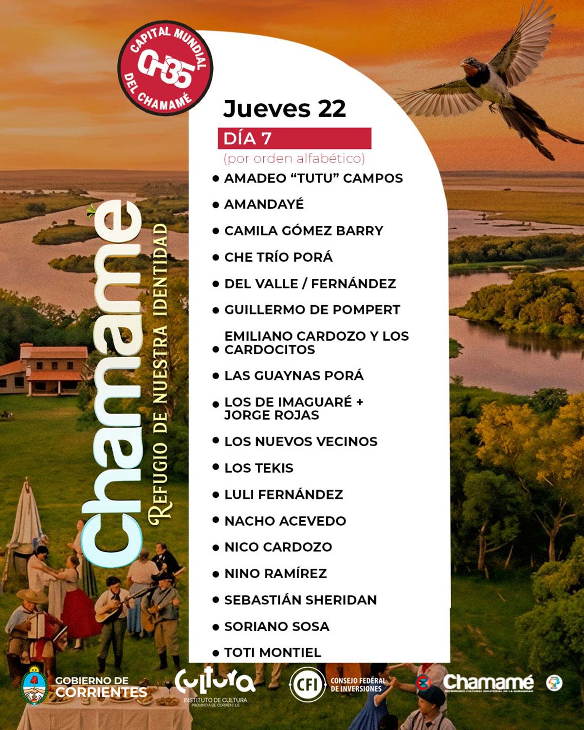 Grilla Artistas Fiesta del Chamamé de Corrientes jueves 22 de enero de 2026