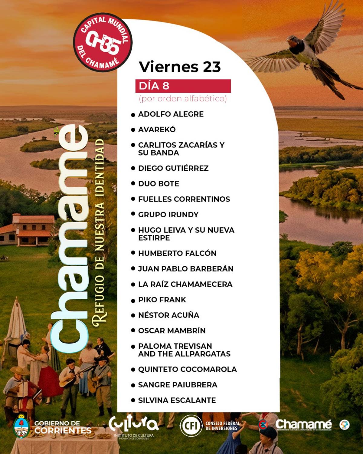 Grilla Artistas Fiesta del Chamamé de Corrientes viernes 23 de enero de 2026