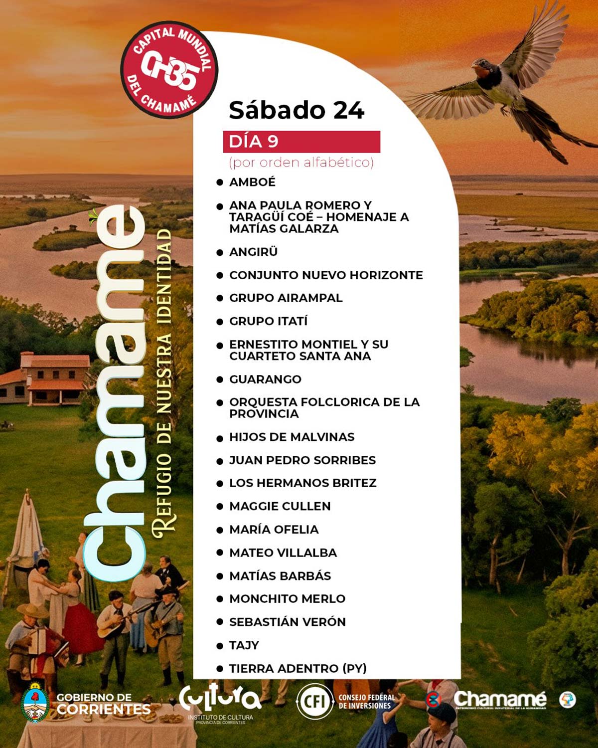 Grilla Artistas Fiesta del Chamamé de Corrientes sábado 24 de enero de 2026
