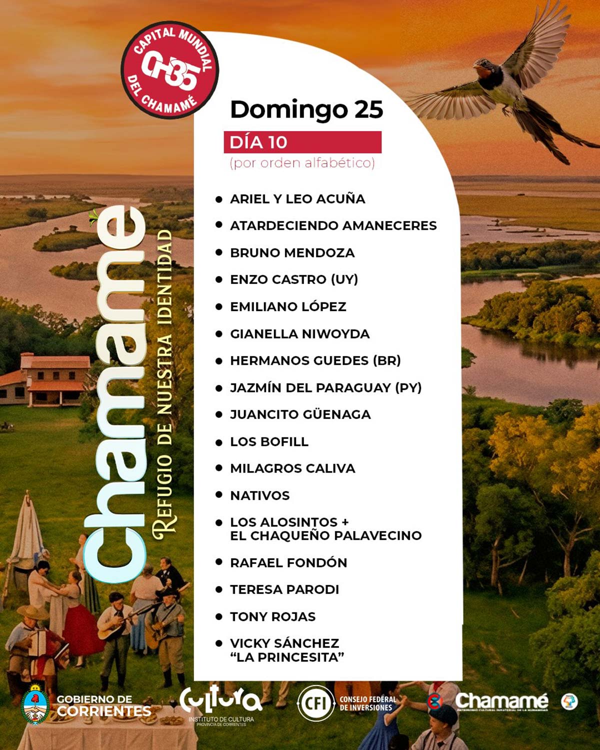 Grilla Artistas Fiesta del Chamamé de Corrientes domingo 25 de enero de 2026