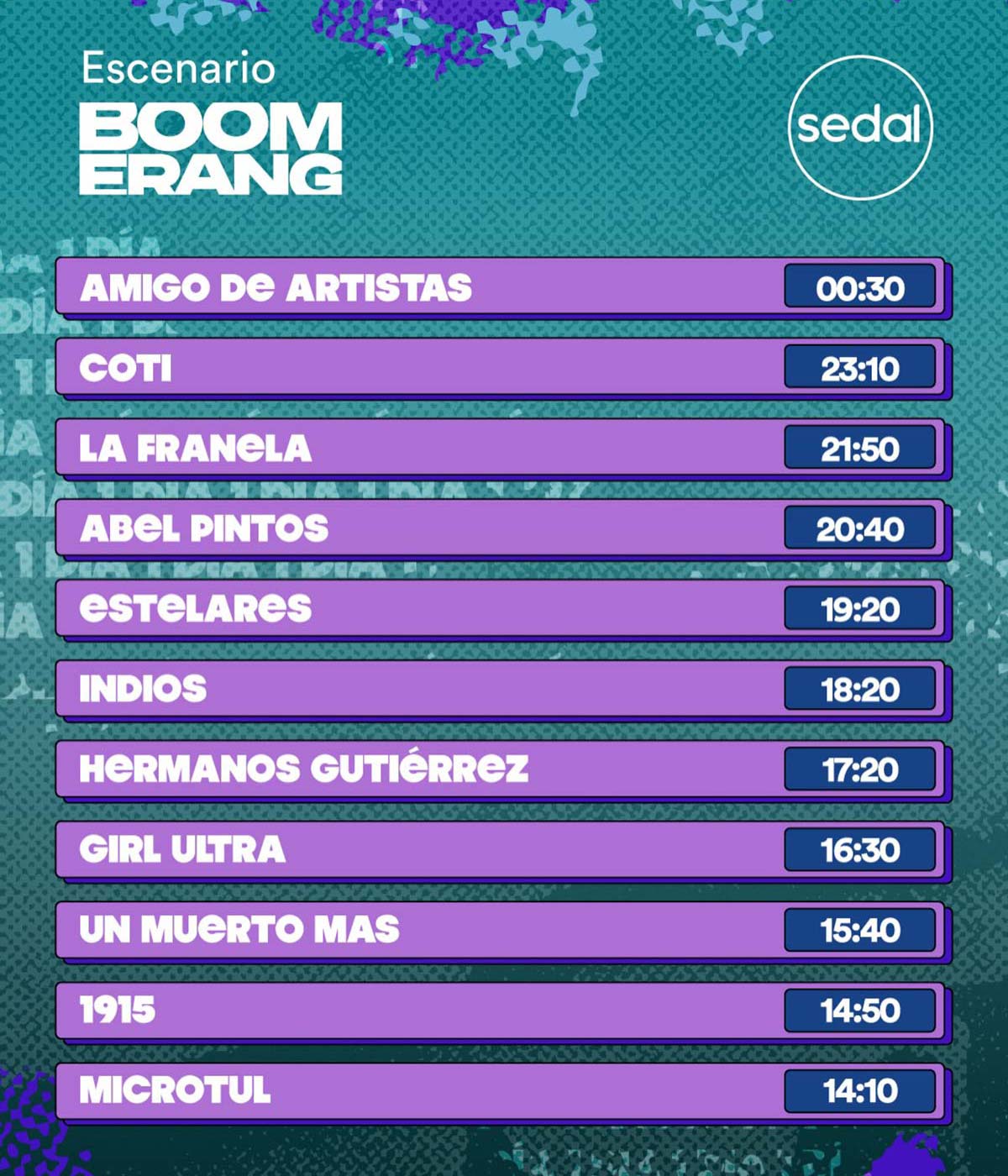 Line Up, Cronograma y Horarios de la Grilla del Día sábado 14 de febrero del Cosquín Rock 2026 - Escenario Boomerang