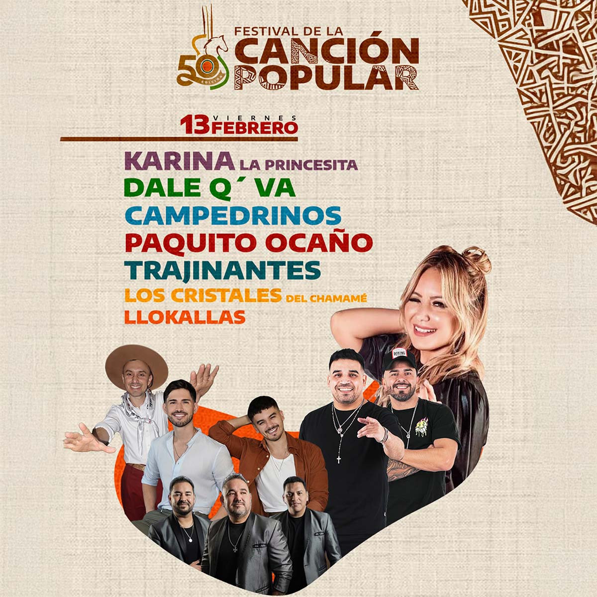 Grilla Artistas Festival de la Canción Popular viernes 13 de febrero de 2026