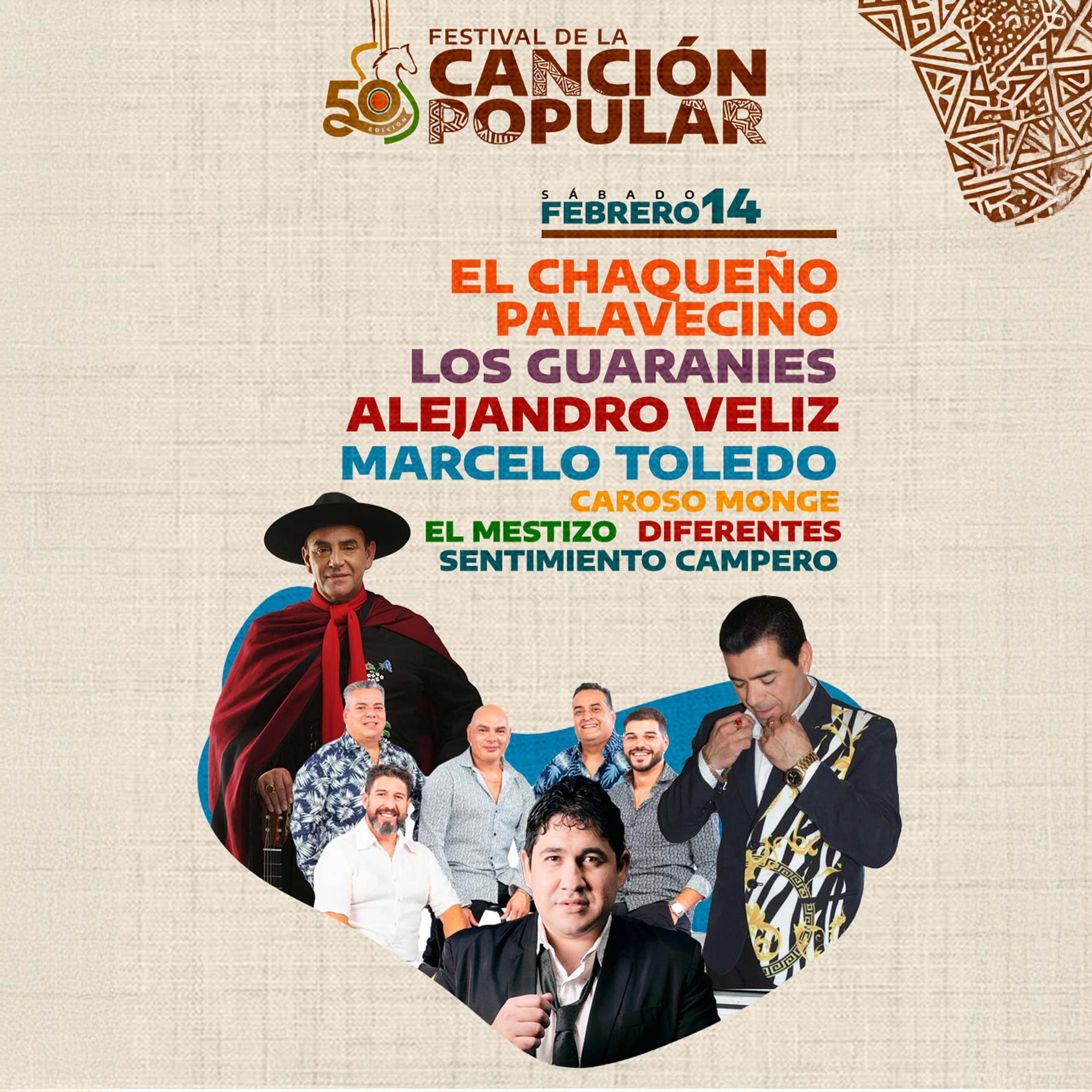 Grilla Artistas Festival de la Canción Popular sábado 14 de febrero de 2026