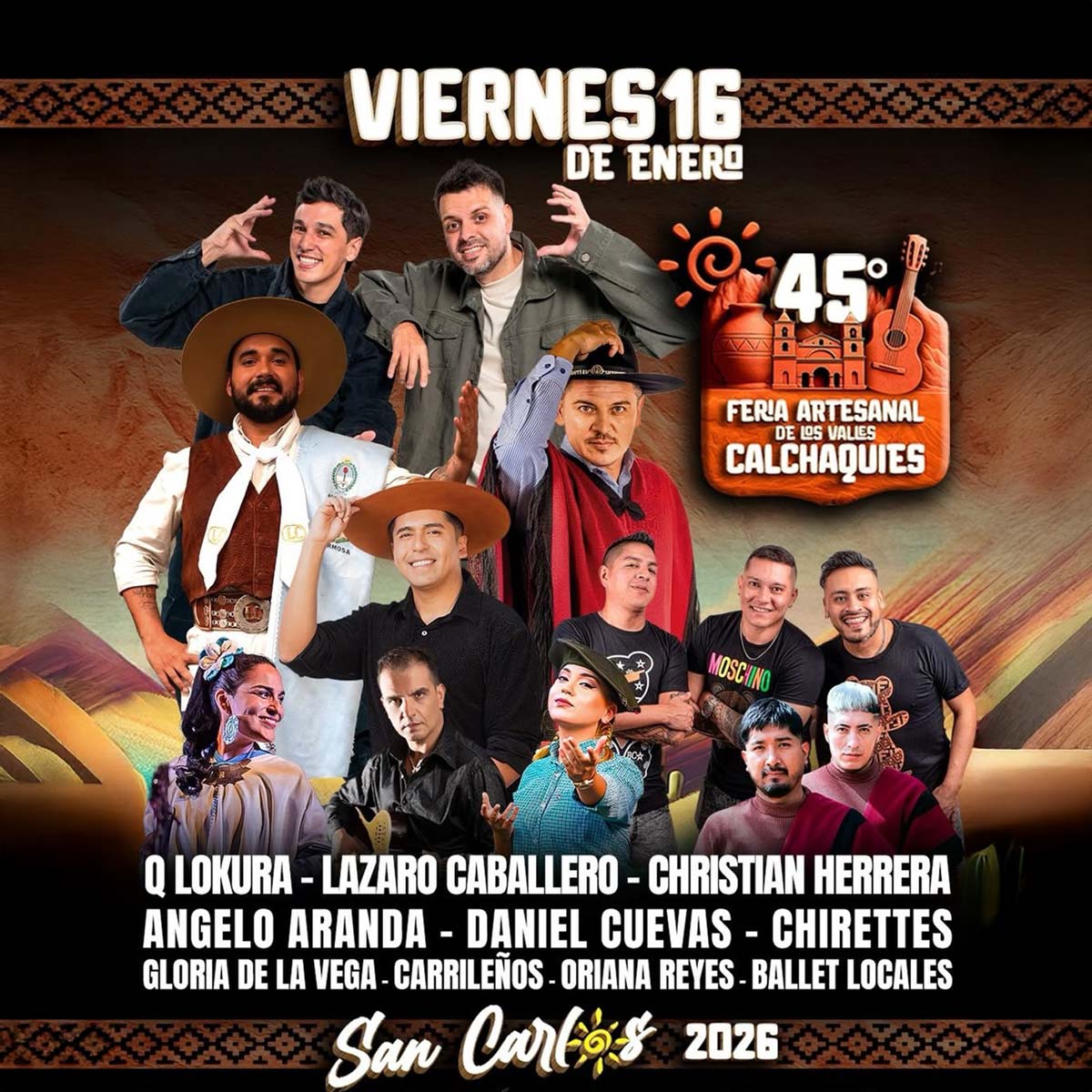 Grilla Artistas Festival De San Carlos viernes 16 de enero de 2026
