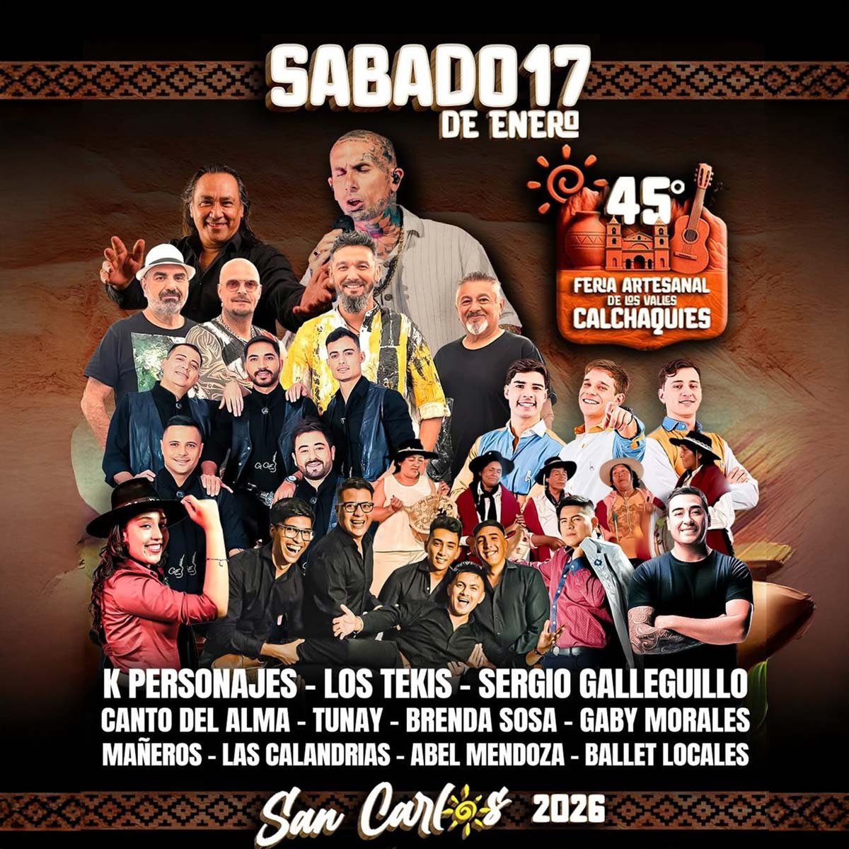 Grilla Artistas Festival De San Carlos sábado 17 de enero de 2026