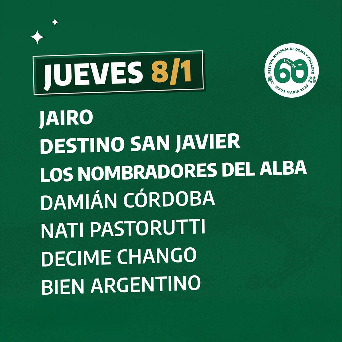 Grilla Artistas Festival Jesus Maria jueves 8 de enero de 2026