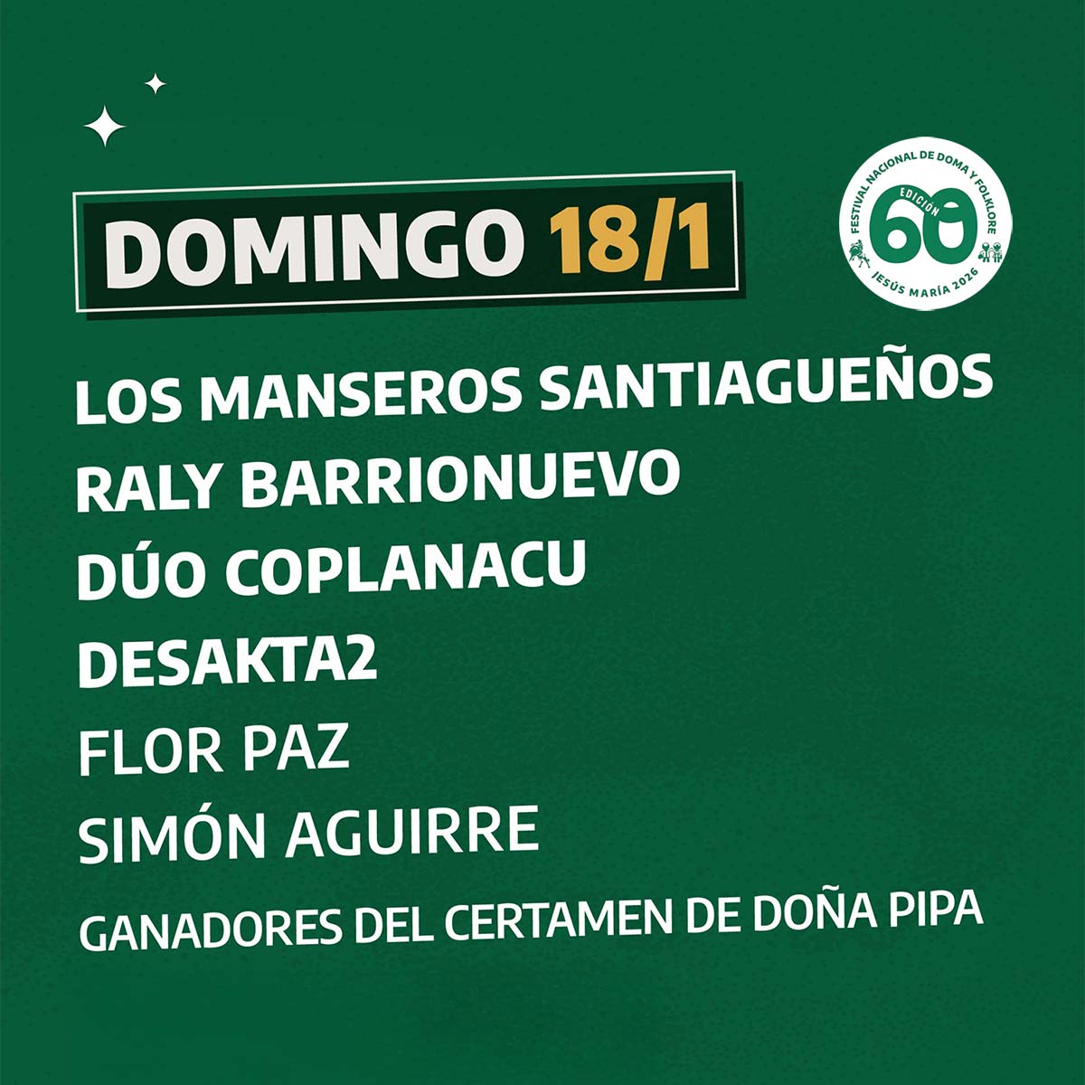Grilla Artistas Festival Jesus Maria domingo 18 de enero de 2026