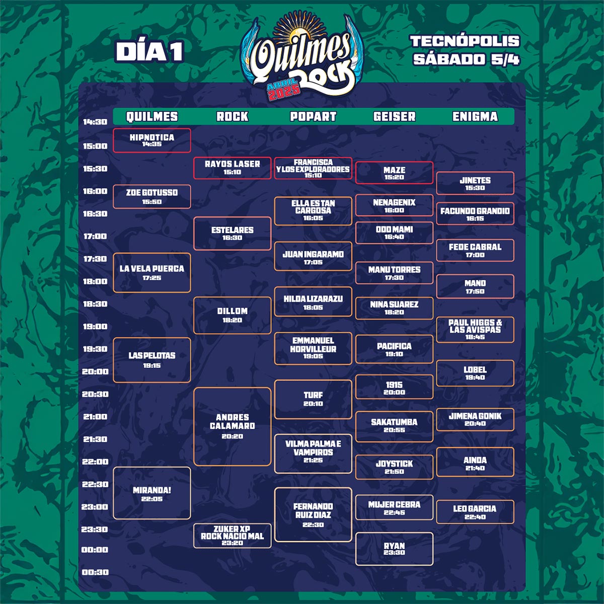 Grilla Artistas Festival Quilmes Rock sábado 5 de abril de 2025