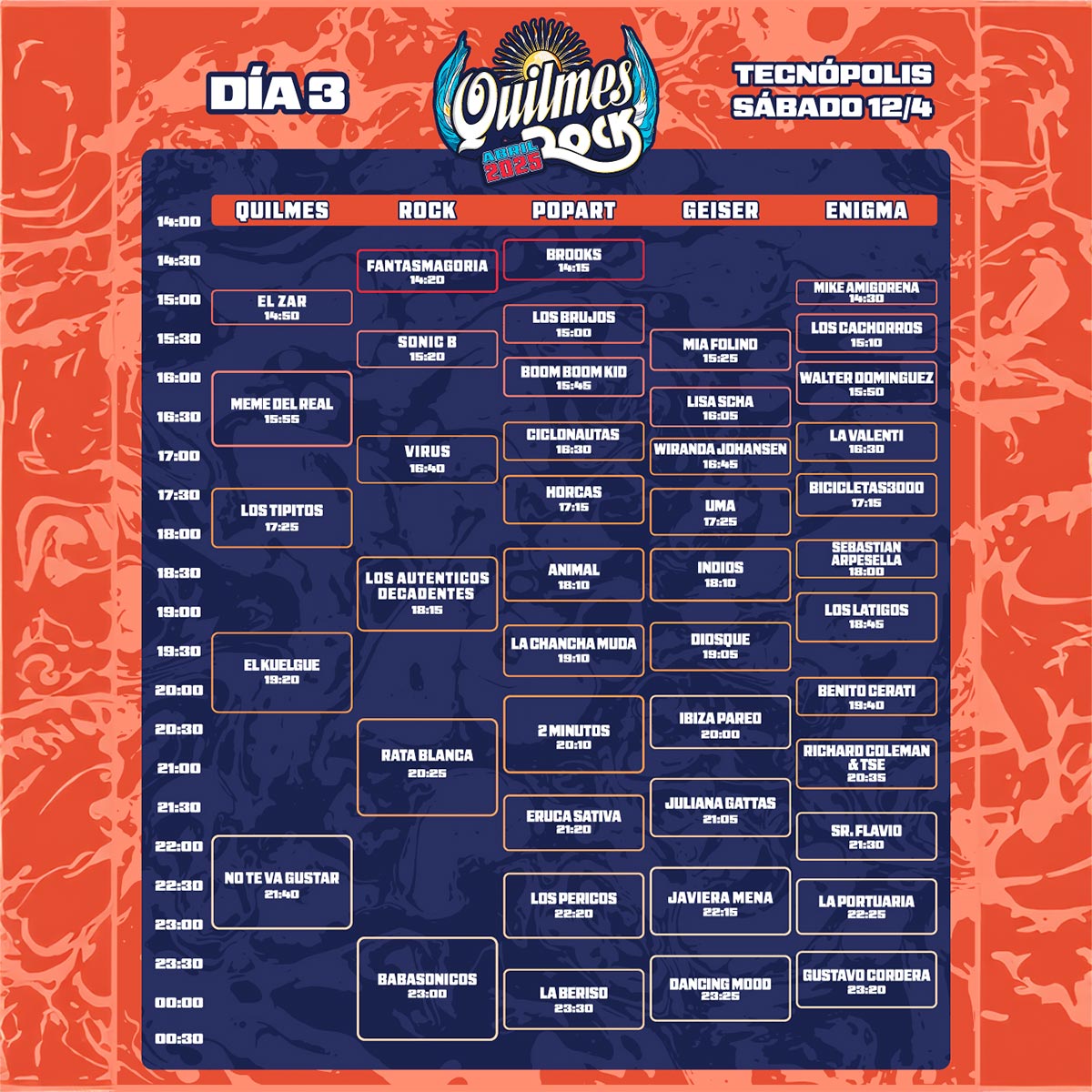 Grilla Artistas Festival Quilmes Rock sábado 12 de abril de 2025