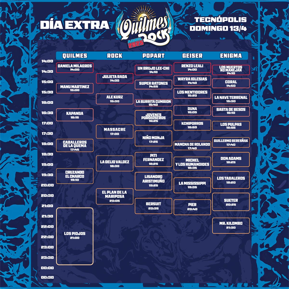 Grilla Artistas Festival Quilmes Rock domingo 13 de abril de 2025