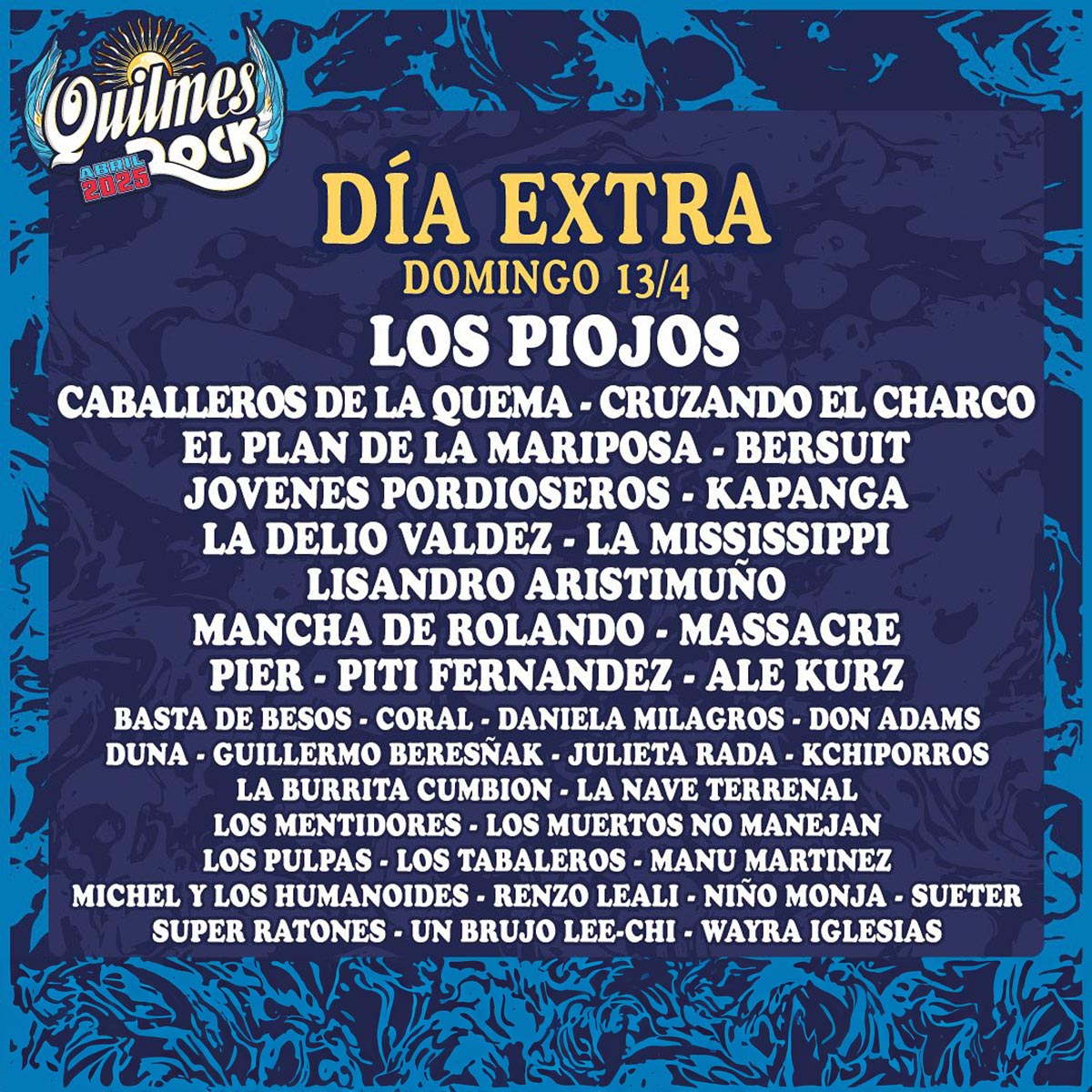 Grilla Artistas Festival Quilmes Rock domingo 13 de abril de 2025