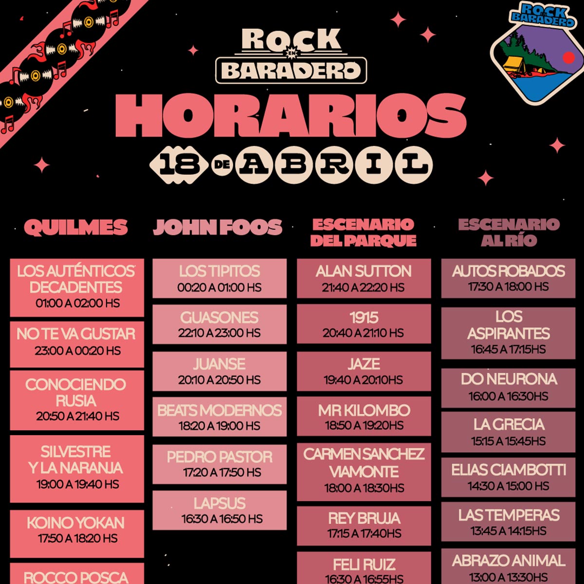 Grilla Artistas Festival Rock en Baradero viernes 18 de abril de 2025