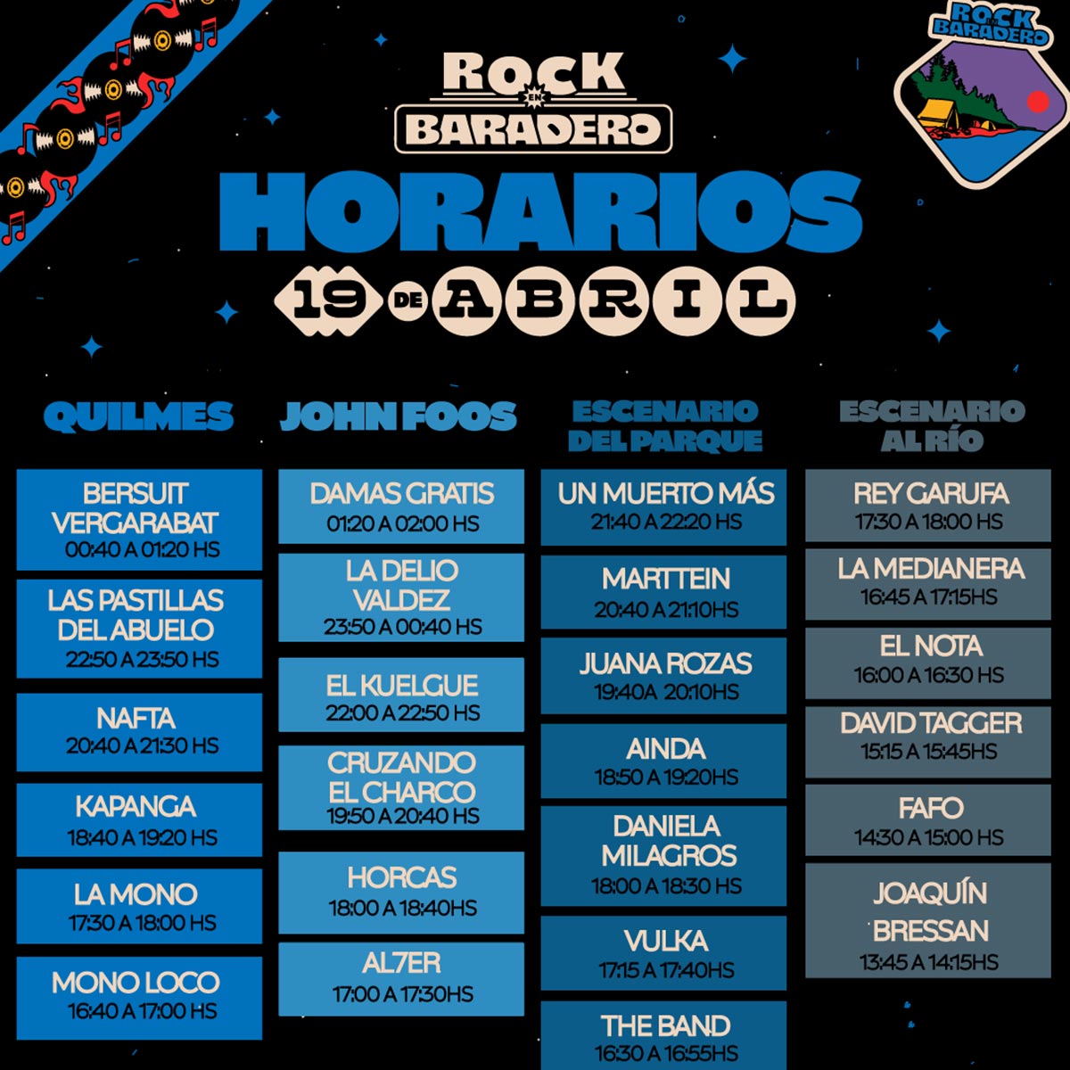 Grilla Artistas Festival Rock en Baradero sábado 19 de abril de 2025