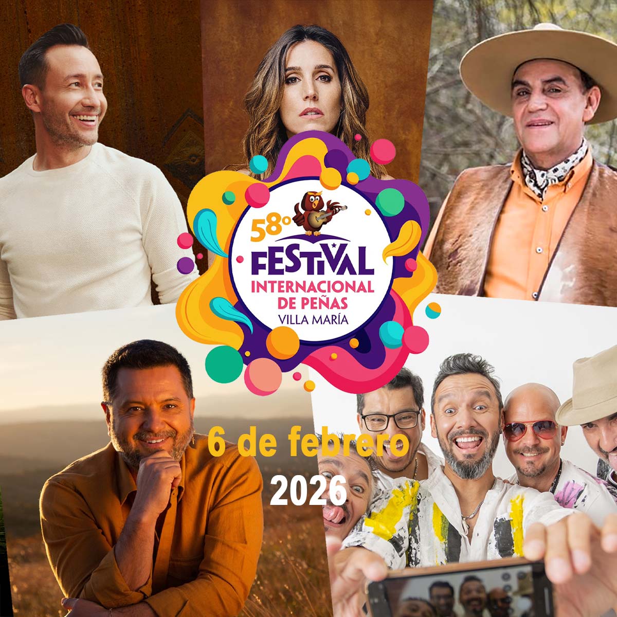Grilla Artistas Festival Villa Maria 2026 - El Chaqueño Palavecino, Luciano Pereyra, Soledad Pastorutti, Jorge Rojas y Los Tekis