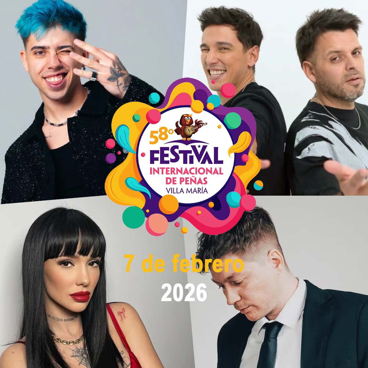Grilla Artistas Festival Villa Maria sábado 7 de febrero de 2026
