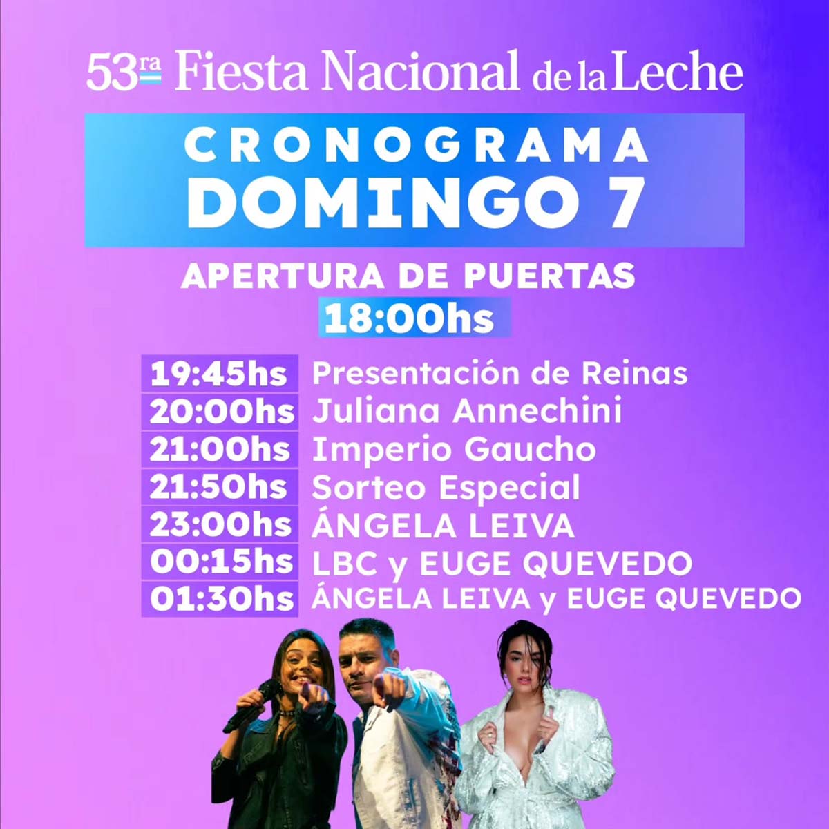 Grilla Artistas Fiesta De La Leche domingo 7 de diciembre de 2025