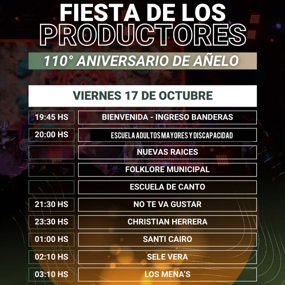 Grilla Artistas Fiesta De Los Productores viernes 17 de octubre de 2025