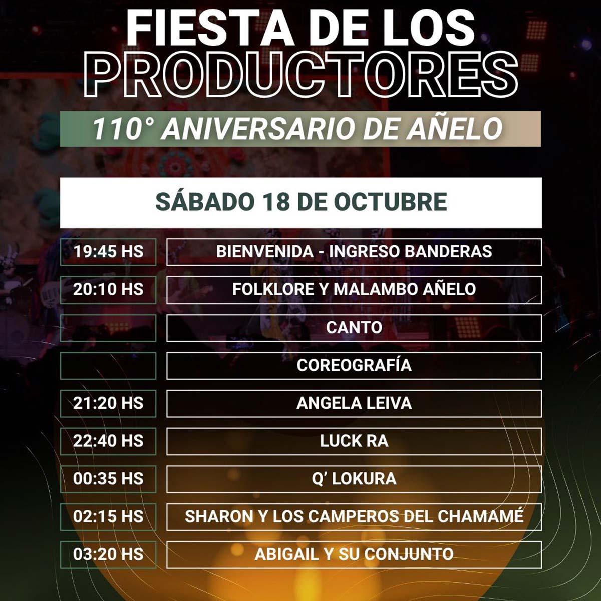 Grilla Artistas Fiesta De Los Productores sábado 18 de octubre de 2025
