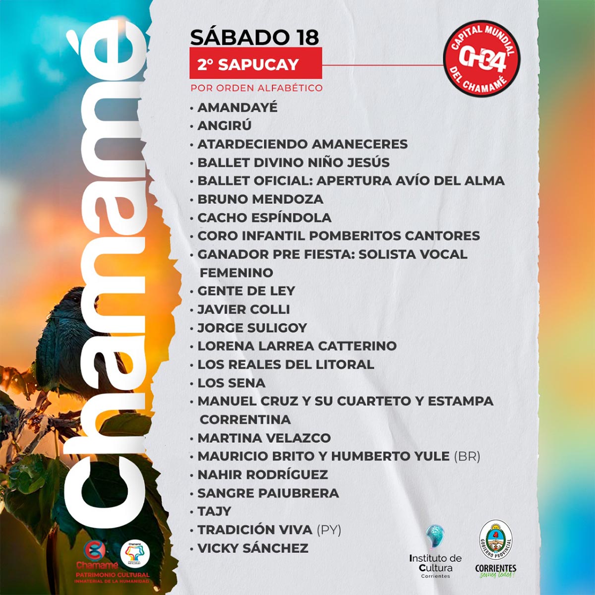 Grilla Artistas Fiesta del Chamamé de Corrientes sábado 18 de enero de 2025