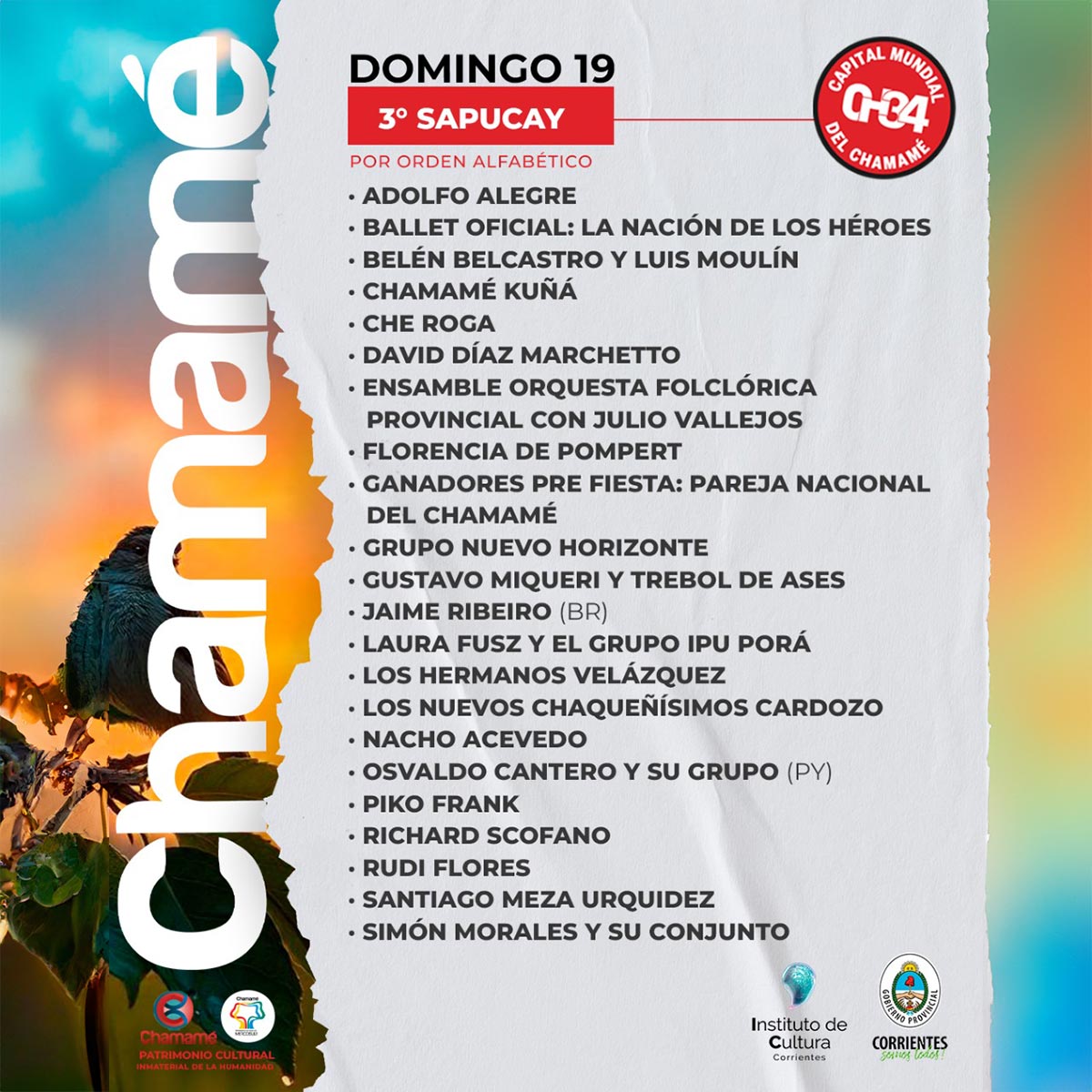 Grilla Artistas Fiesta del Chamamé de Corrientes domingo 19 de enero de 2025