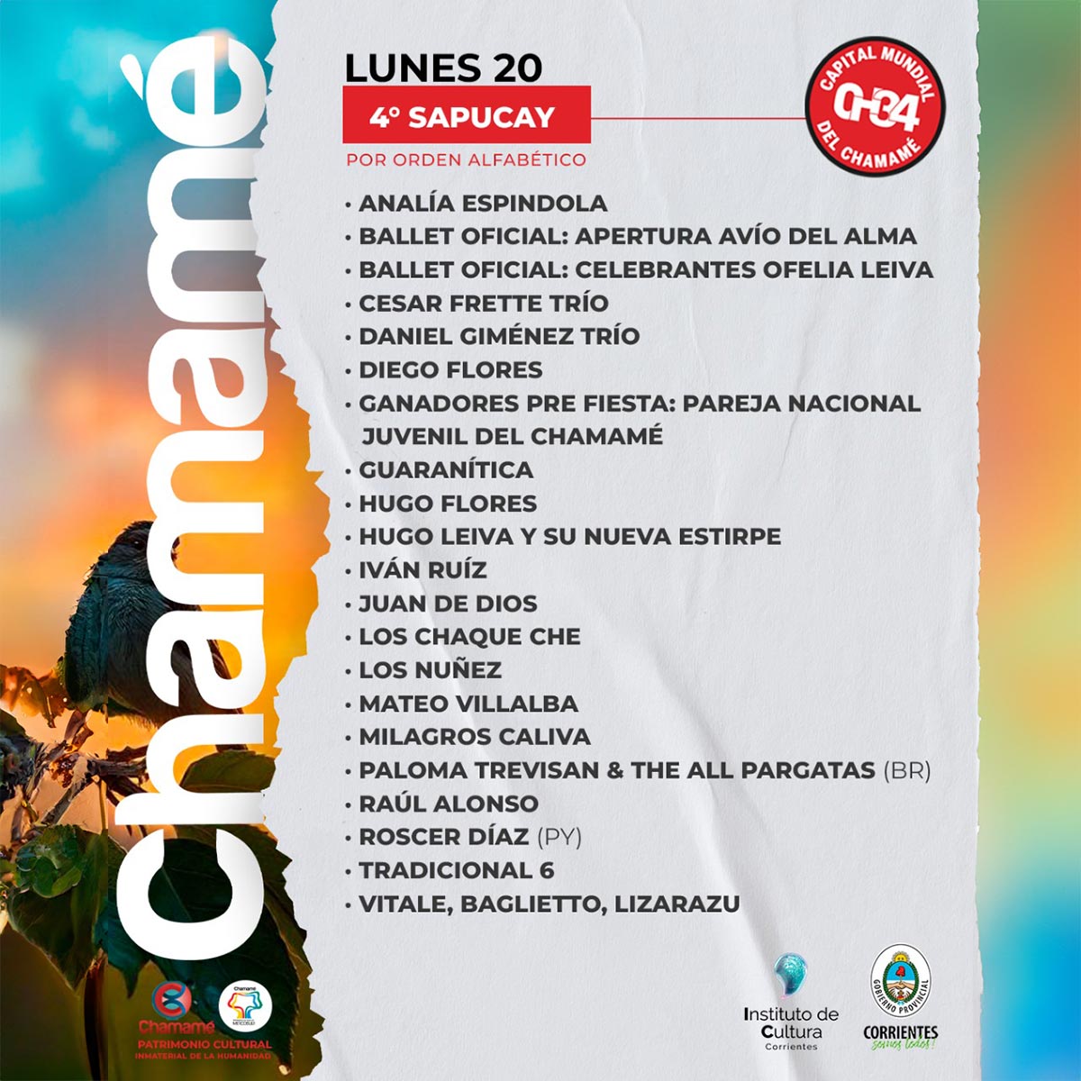 Grilla Artistas Fiesta del Chamamé de Corrientes lunes 20 de enero de 2025