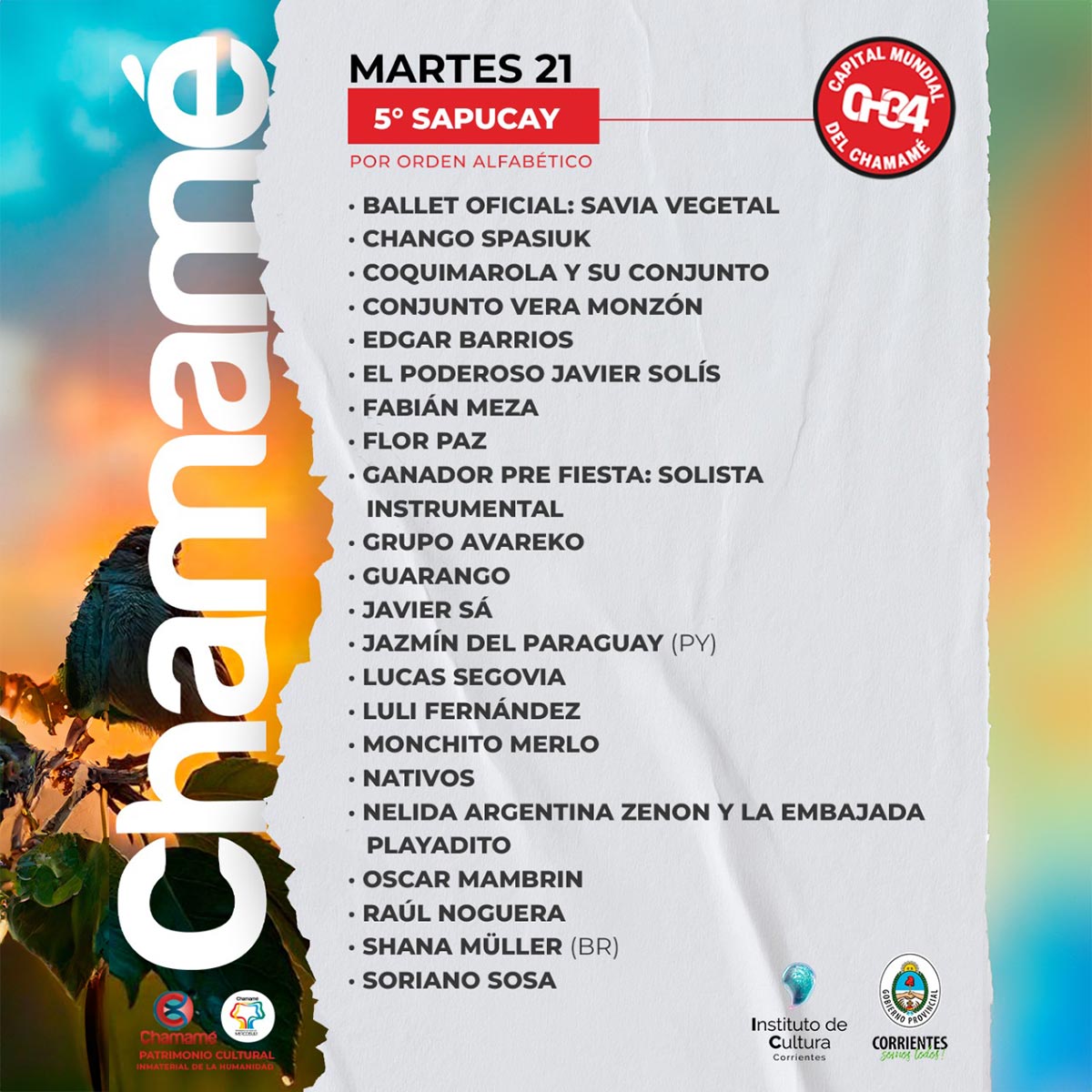 Grilla Artistas Fiesta del Chamamé de Corrientes martes 21 de enero de 2025