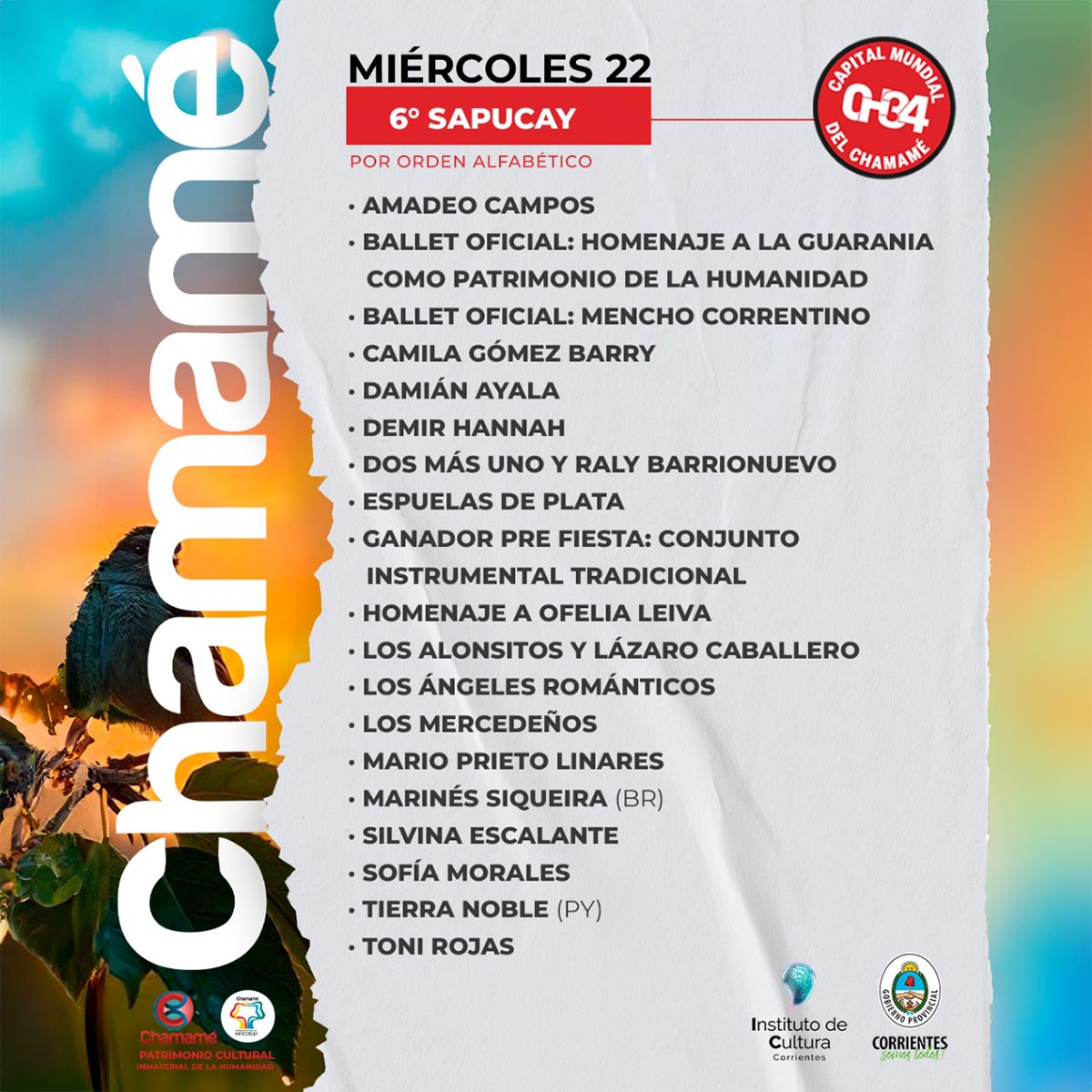 Grilla Artistas Fiesta del Chamamé de Corrientes miércoles 18 de enero de 2025