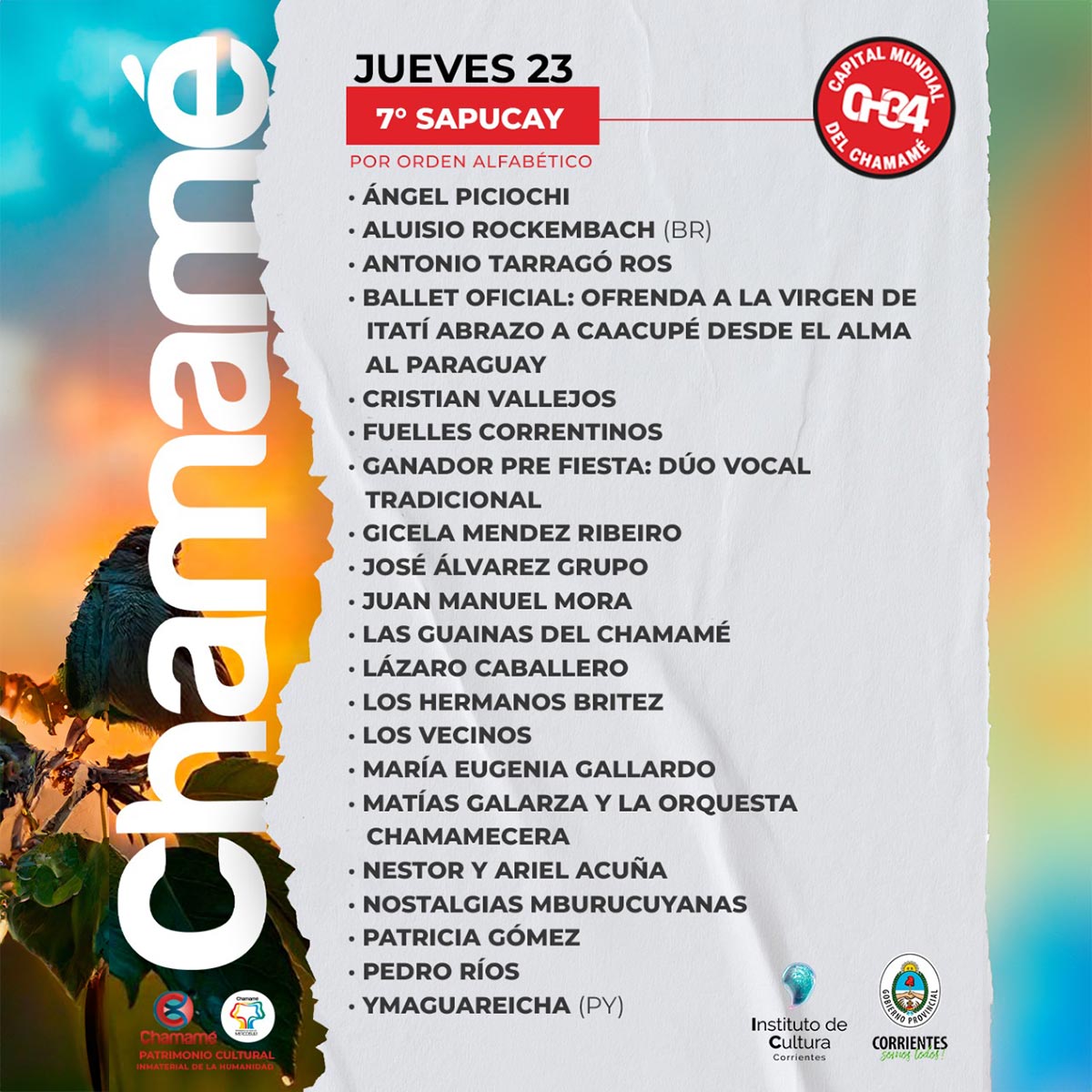 Grilla Artistas Fiesta del Chamamé de Corrientes jueves 23 de enero de 2025