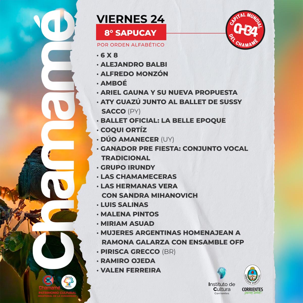 Grilla Artistas Fiesta del Chamamé de Corrientes viernes 24 de enero de 2025
