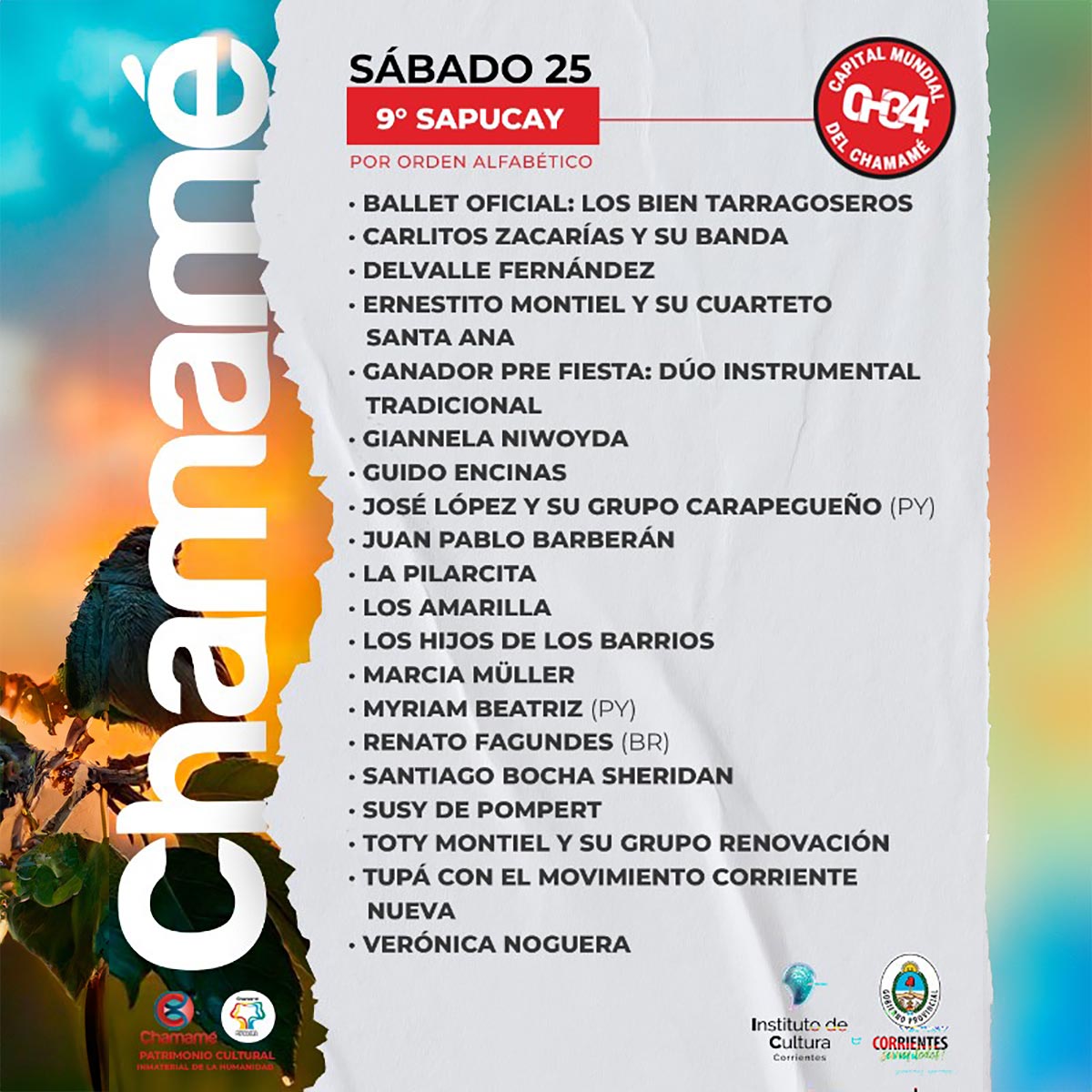 Grilla Artistas Fiesta del Chamamé de Corrientes sábado 25 de enero de 2025