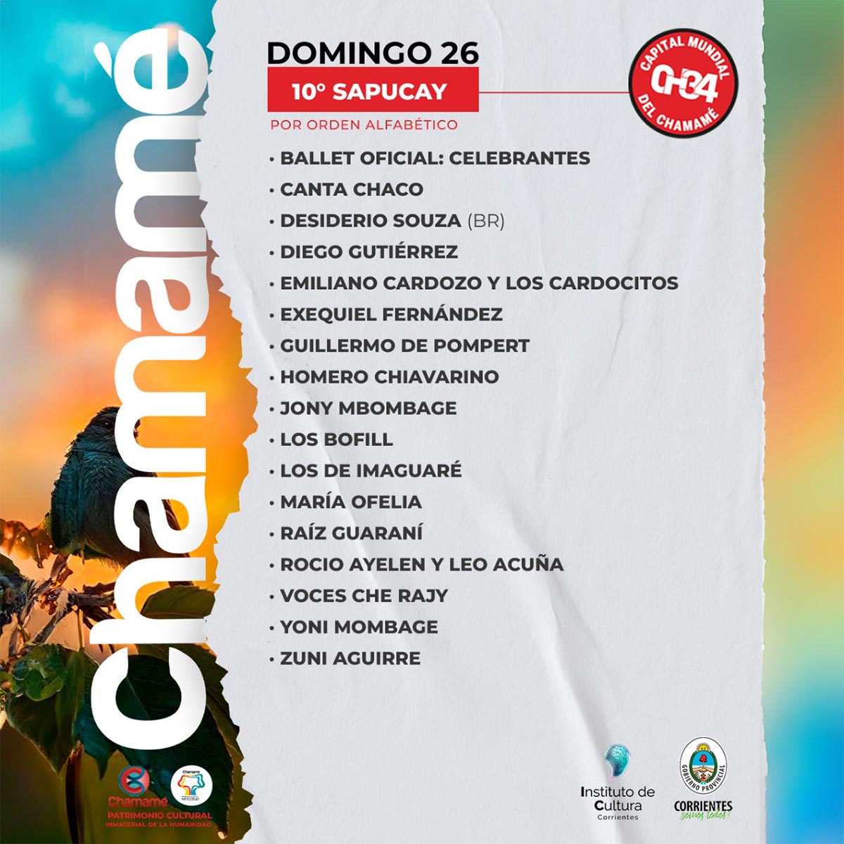 Grilla Artistas Fiesta del Chamamé de Corrientes domingo 26 de enero de 2025