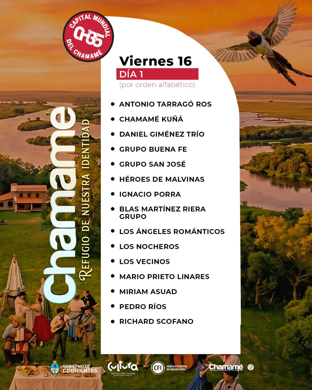 Grilla Artistas Fiesta del Chamamé de Corrientes viernes 16 de enero de 2026