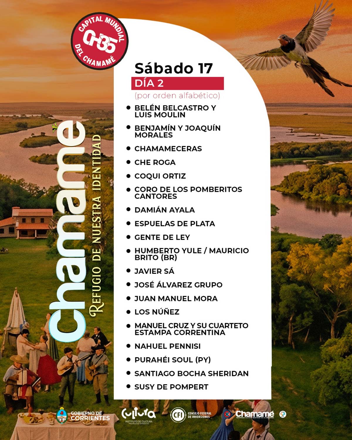 Grilla Artistas Fiesta del Chamamé de Corrientes sábado 17 de enero de 2026