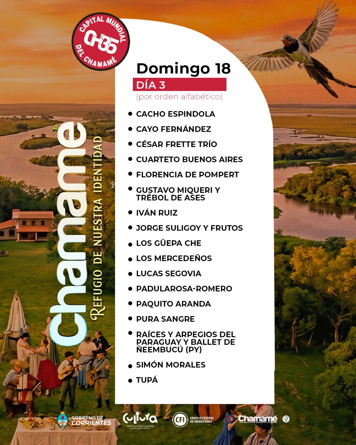 Grilla Artistas Fiesta del Chamamé de Corrientes domingo 18 de enero de 2026