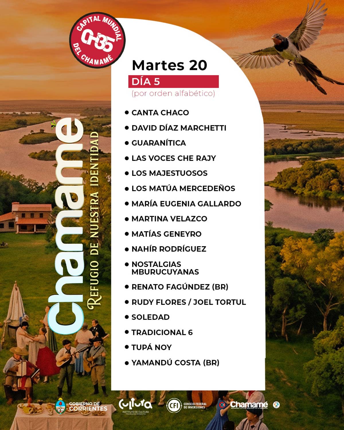 Grilla Artistas Fiesta del Chamamé de Corrientes martes 20 de enero de 2026