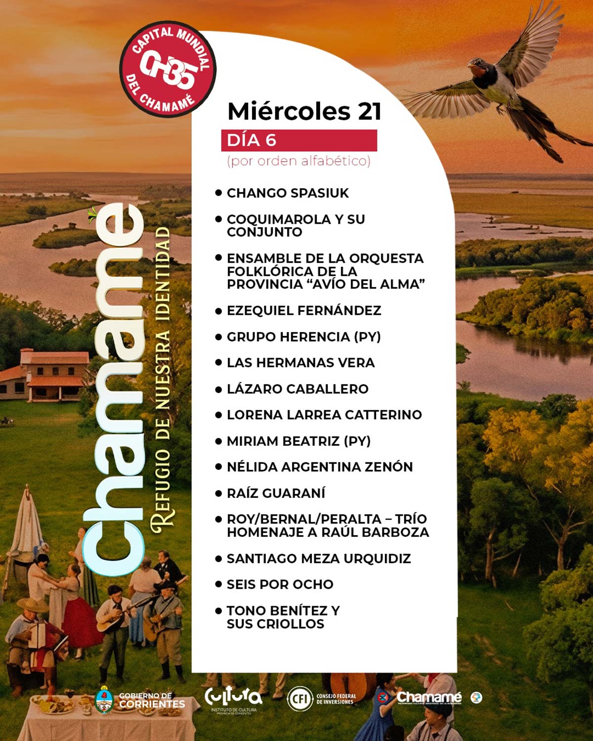Grilla Artistas Fiesta del Chamamé de Corrientes miércoles 21 de enero de 2026