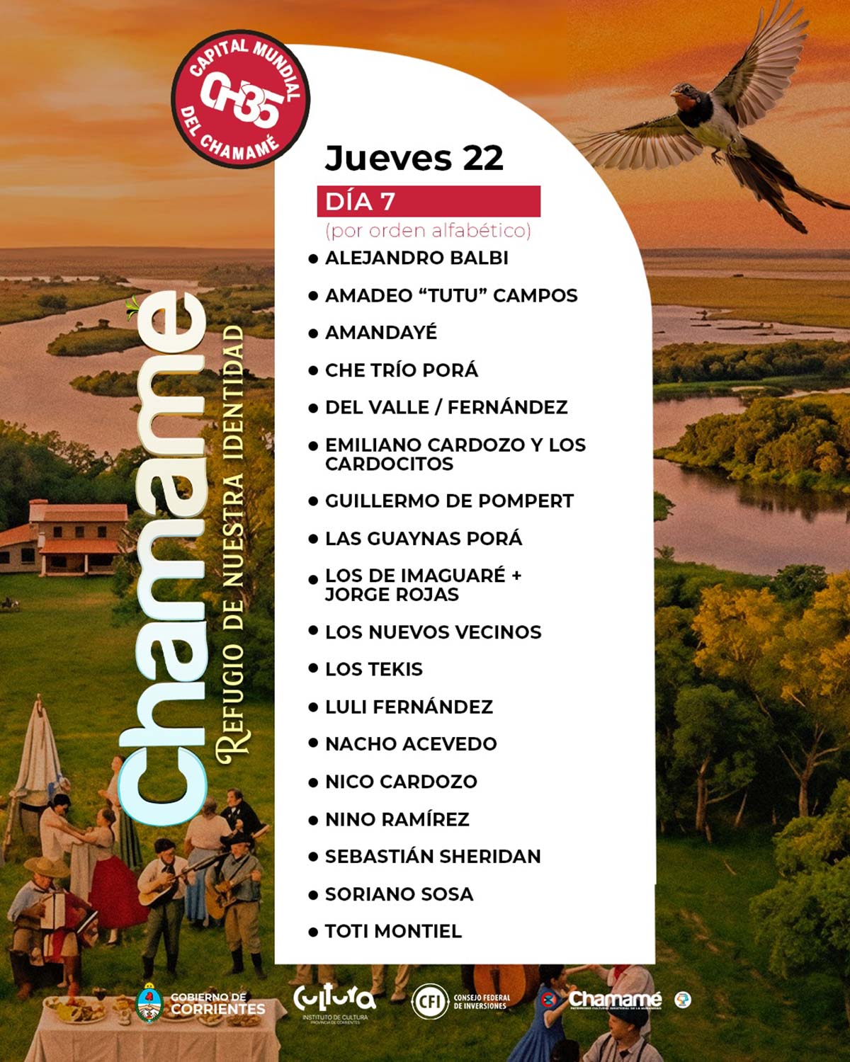Grilla Artistas Fiesta del Chamamé de Corrientes jueves 22 de enero de 2026