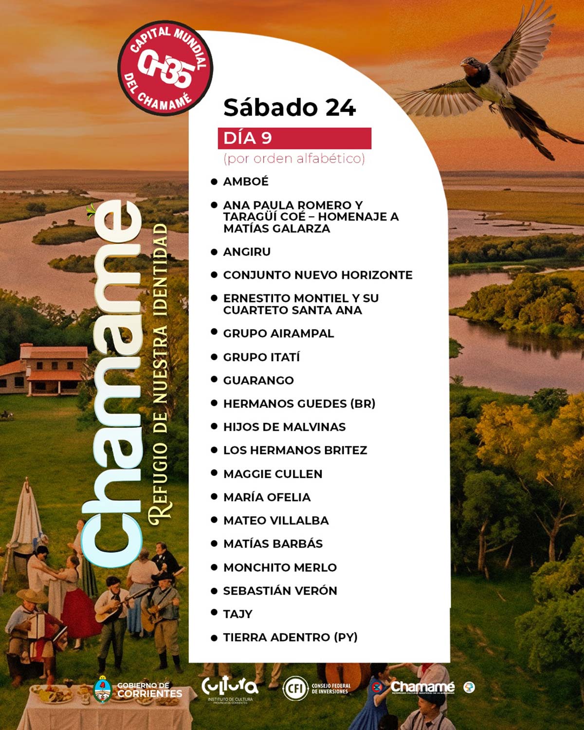 Grilla Artistas Fiesta del Chamamé de Corrientes sábado 24 de enero de 2026