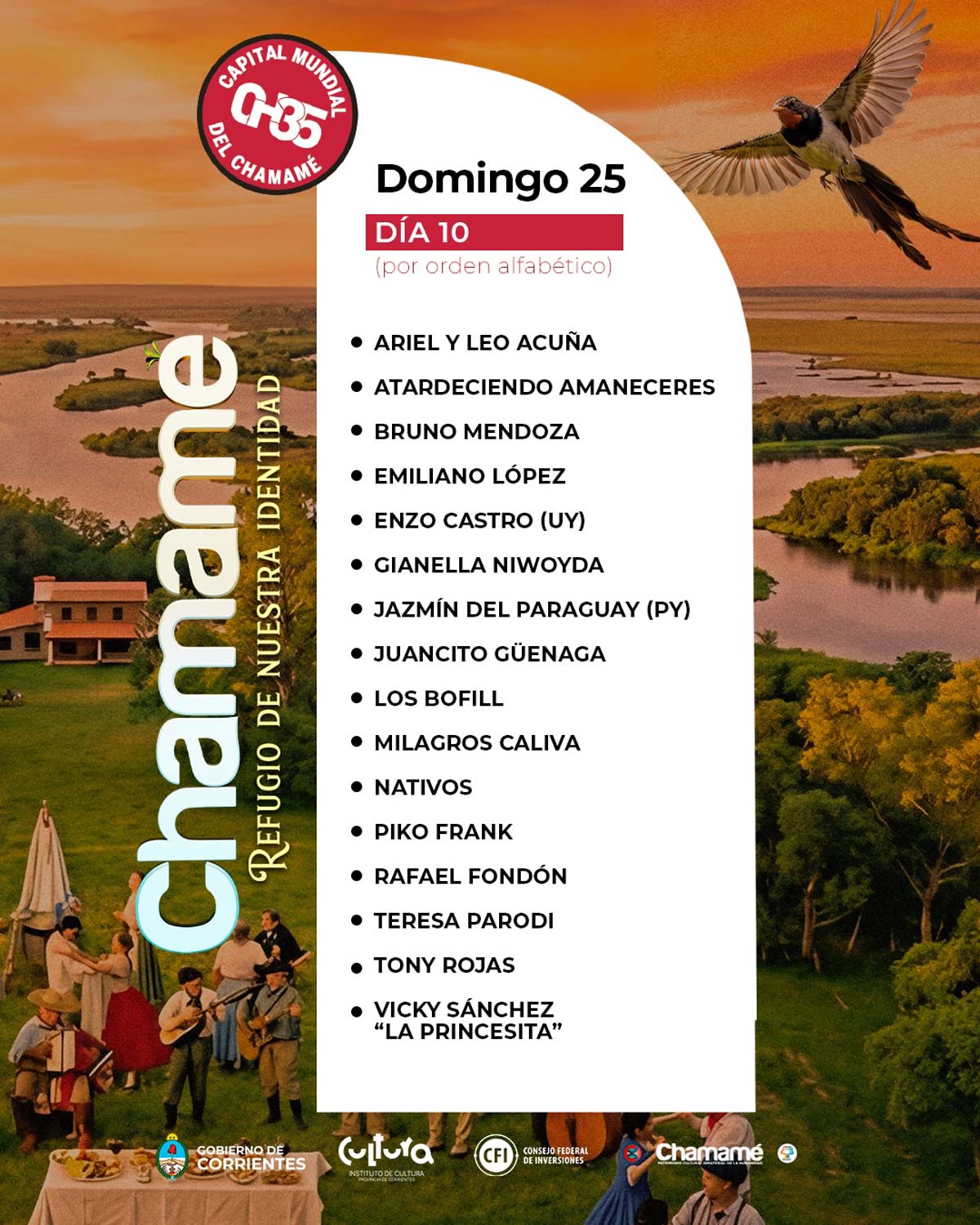 Grilla Artistas Fiesta del Chamamé de Corrientes domingo 25 de enero de 2026