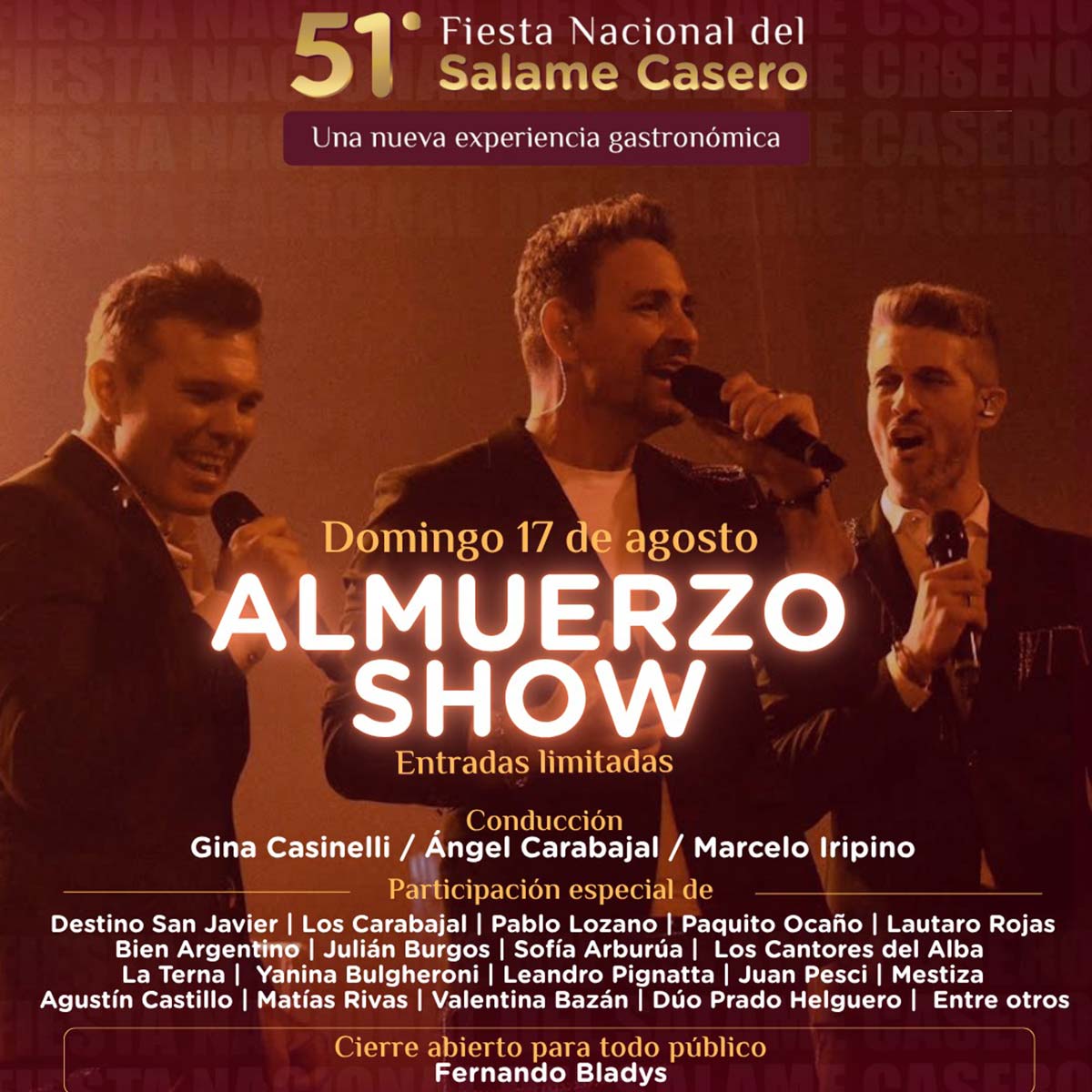 Grilla Artistas Fiesta Del Salame Casero de Oncativo domingo 17 de agosto de 2025