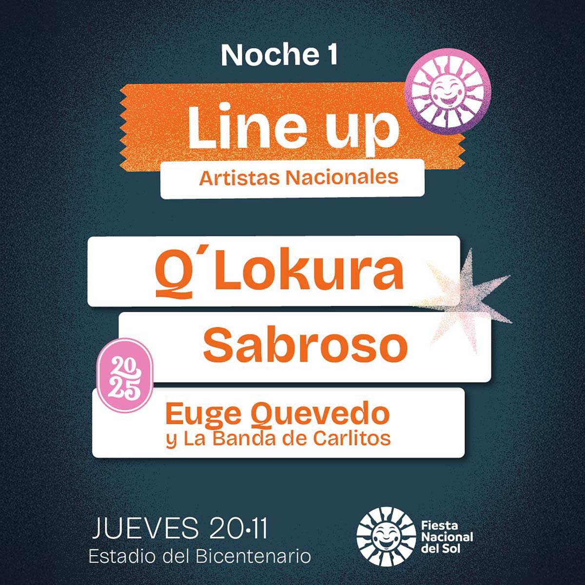 Grilla Artistas Fiesta del Sol jueves 20 de octubre de 2025