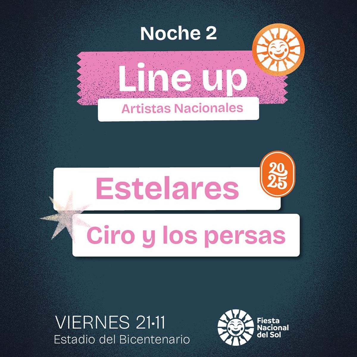 Grilla Artistas Fiesta del Sol viernes 21 de noviembre de 2025