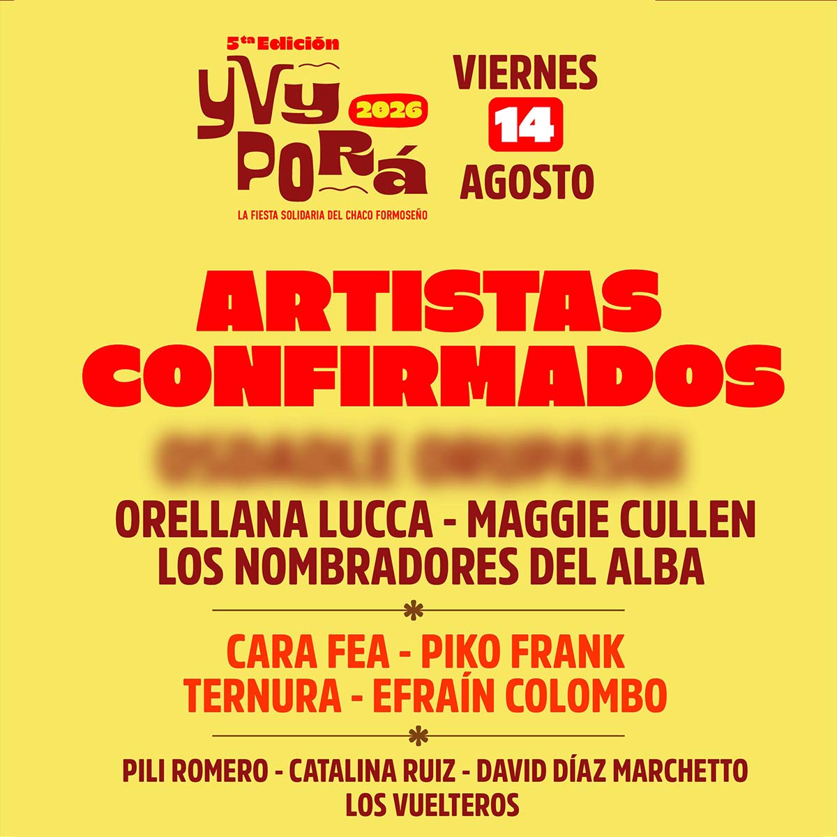 Grilla Artistas Fiesta Yvy Pora viernes 14 de agosto de 2026