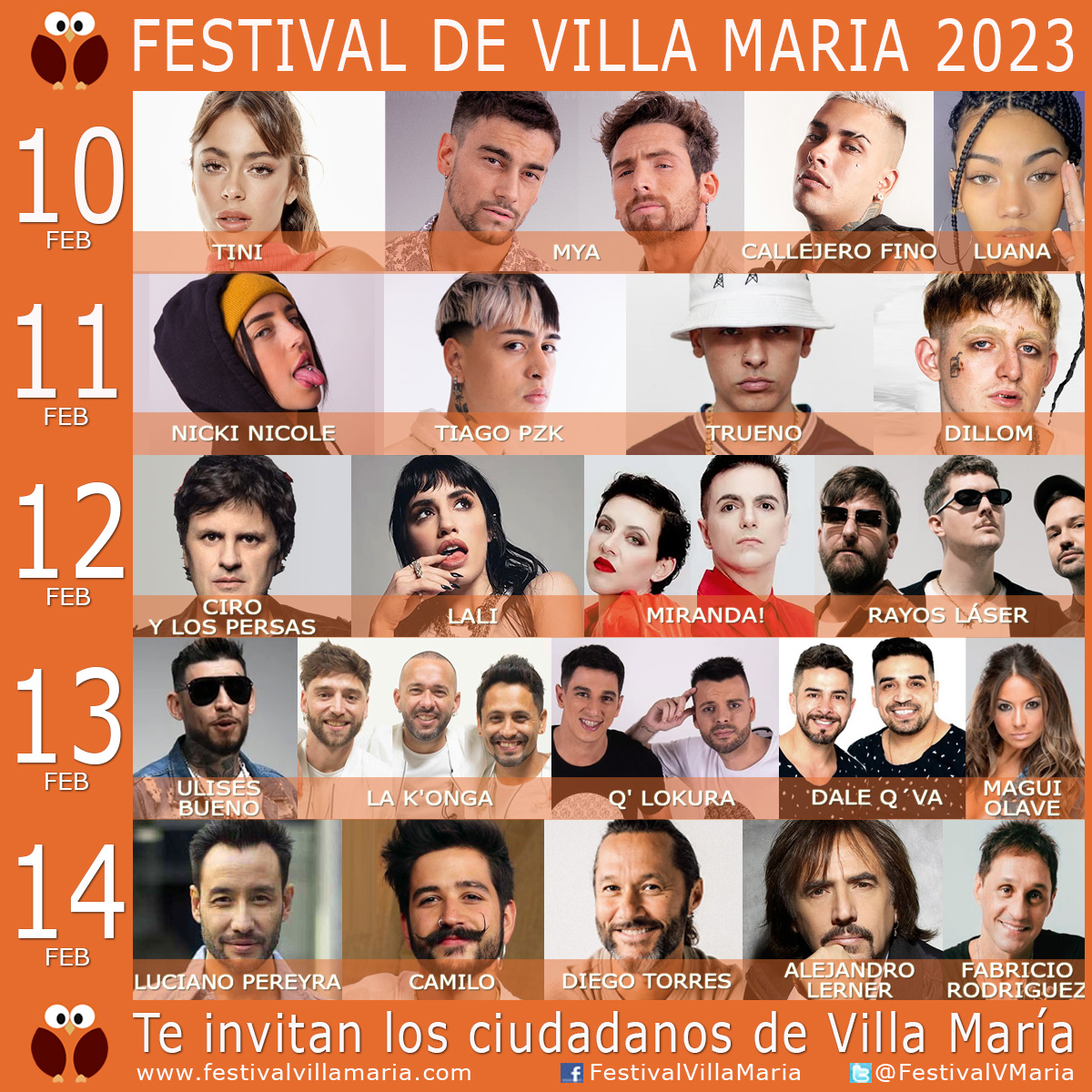 Cartelera Artistas Festival Villa Maria 2023